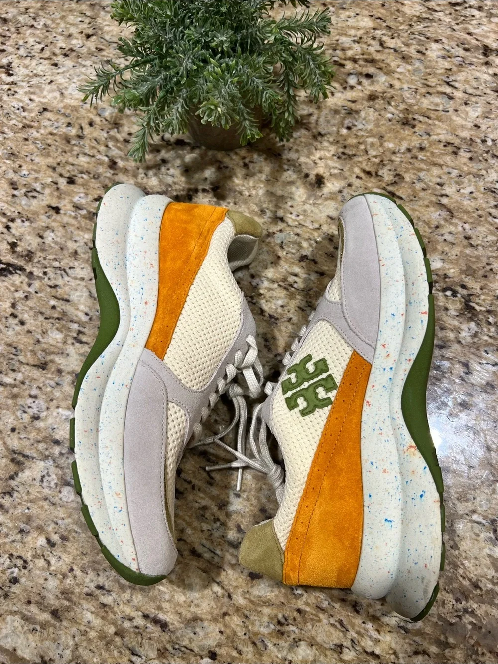 Tory Burch Good Luck Trainer Ivory Cream Vibrant Green w/ Speckles Sneakers 10